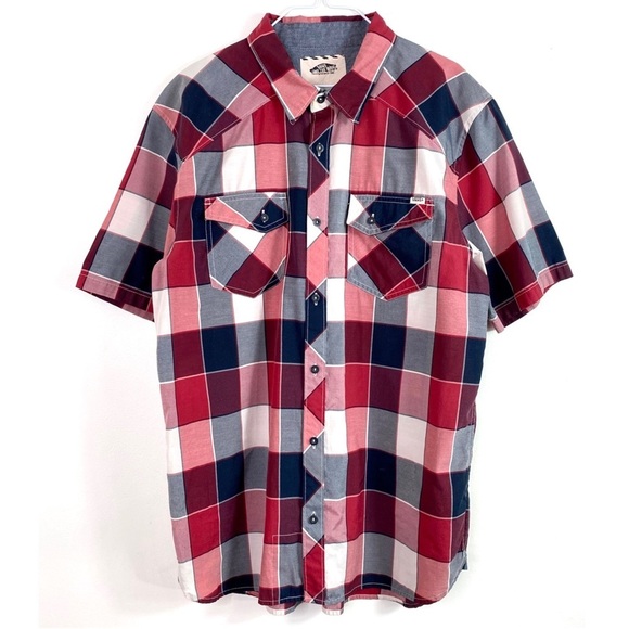 VANS Window Plaid Cotton Short Sleeve Button Up Shirt in Red With Blue Size XL - Picture 2 of 8